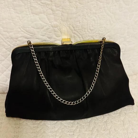 Vintage Ande Black Satin Clutch with Chain - Picture 1 of 6